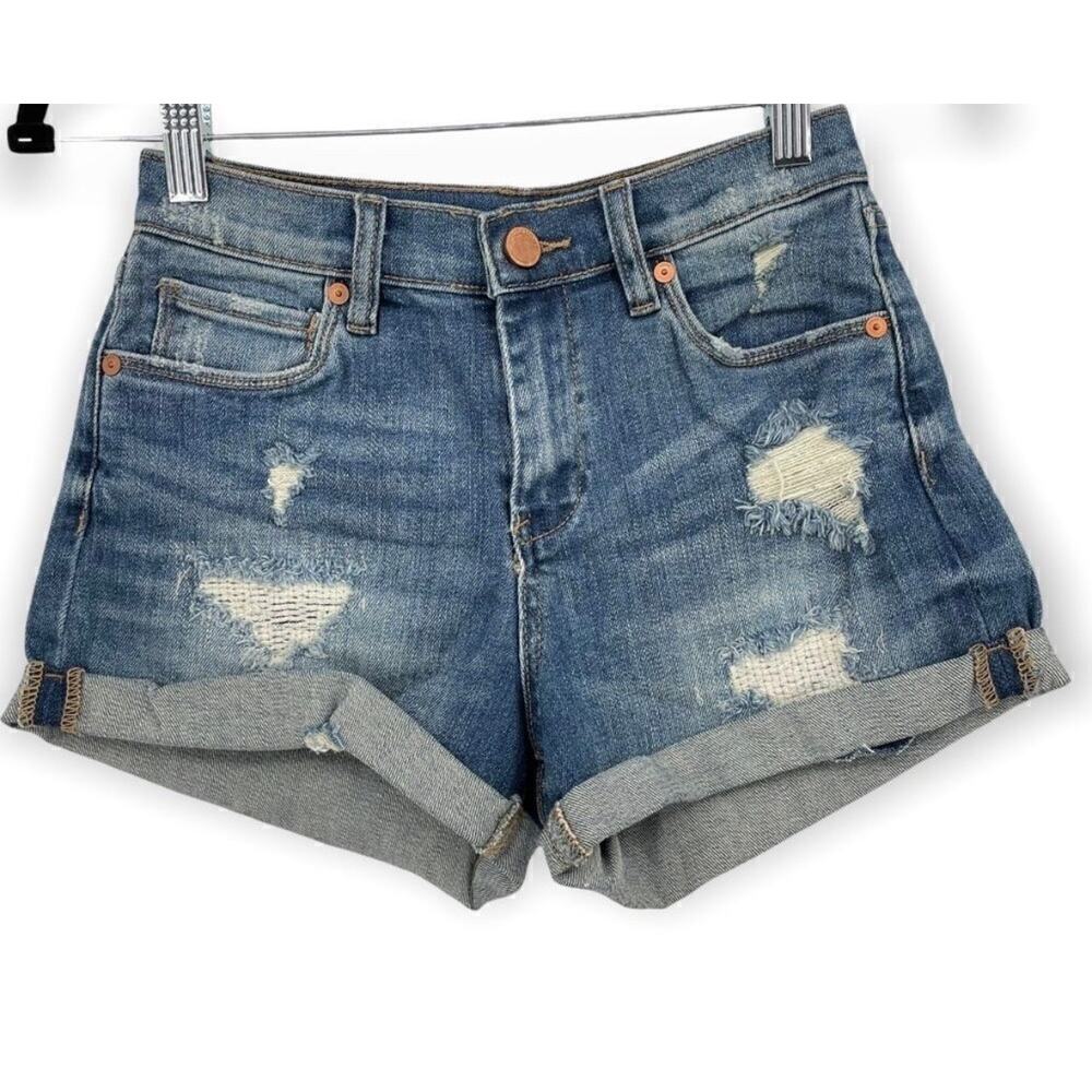 BLANKNYC High Rise Fulton Distressed Denim Shorts Size 24 Raw Hem Cuffed